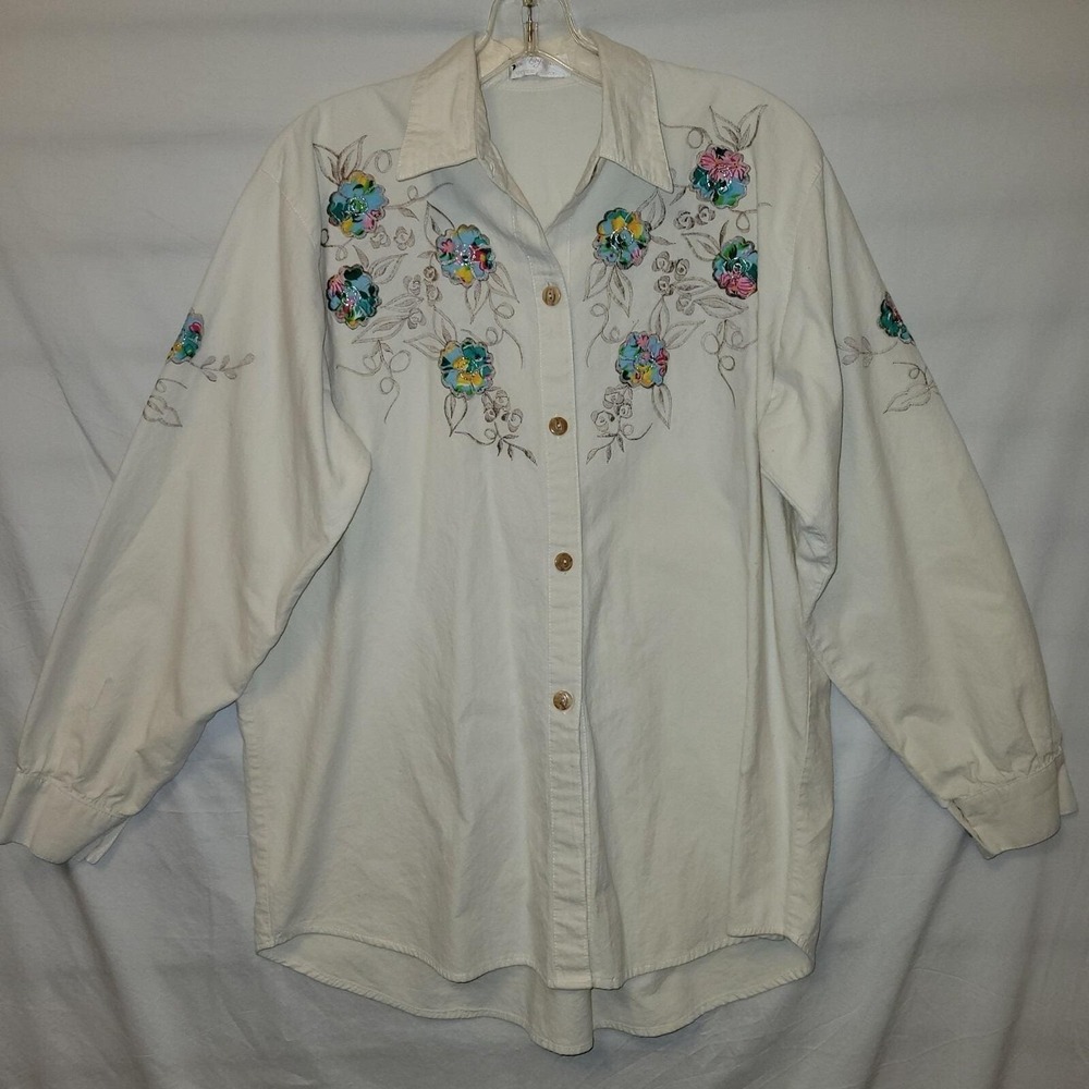 Vintage Floral Applique Embroidered Button‎ Down Womens Shirt Cream Western
